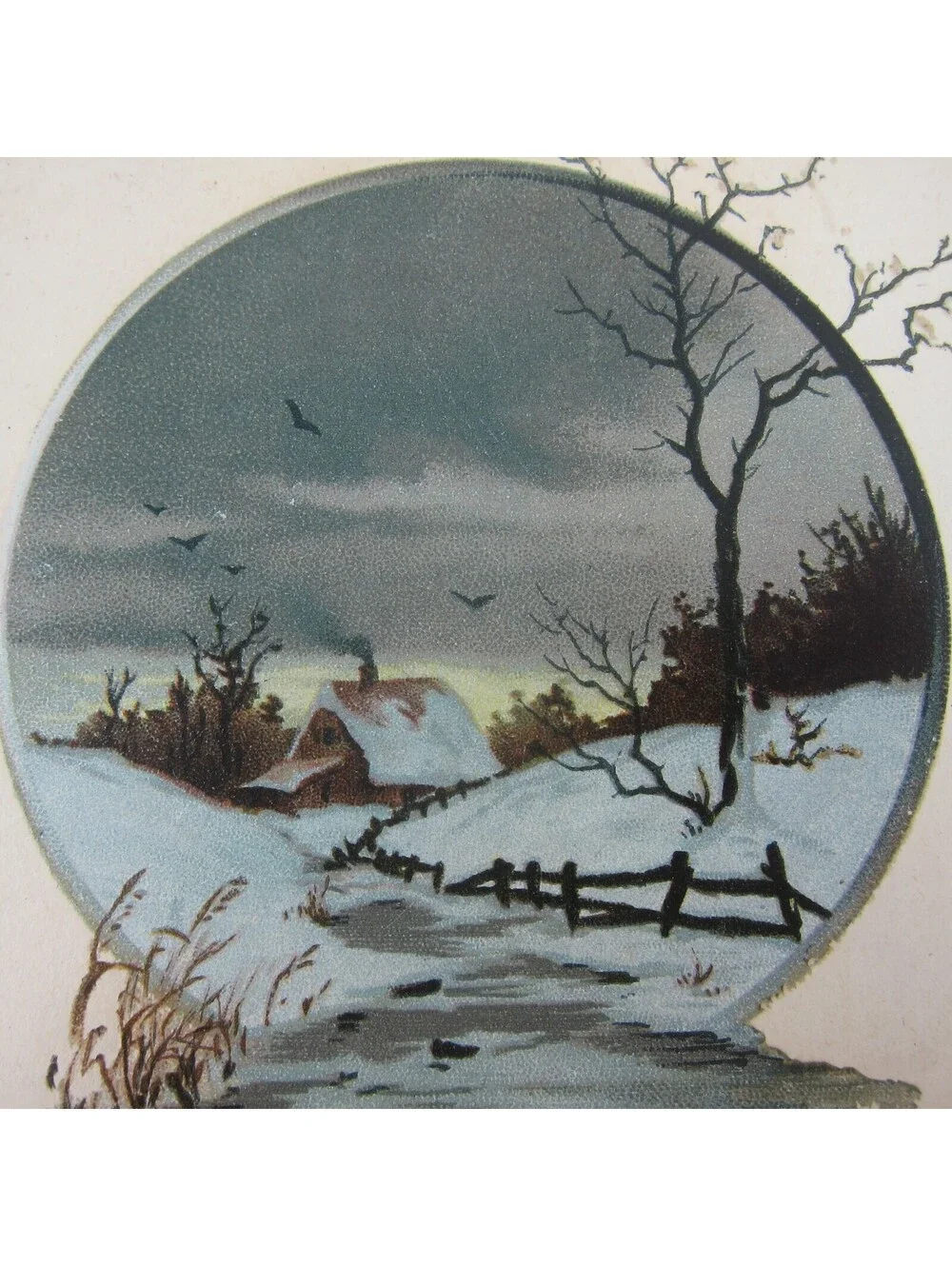 Antique Lithograph Print Samples Winter Snow Stream Night Moon Church House RARE
